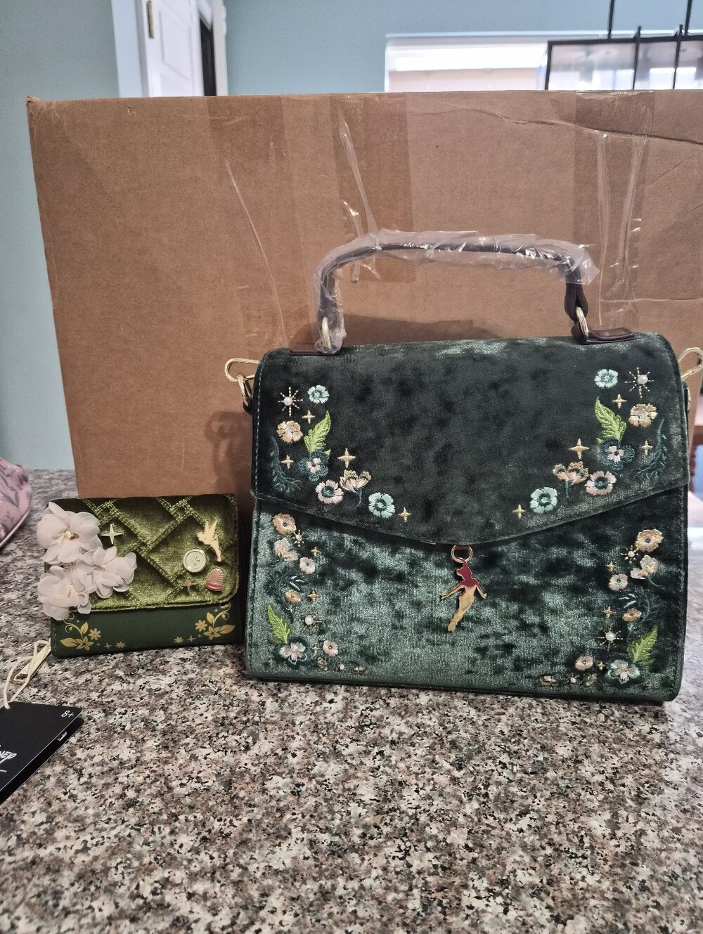 Loungefly Tinker Bell Green Velvet Floral Embroidered Top-Handle Bag And Wallet